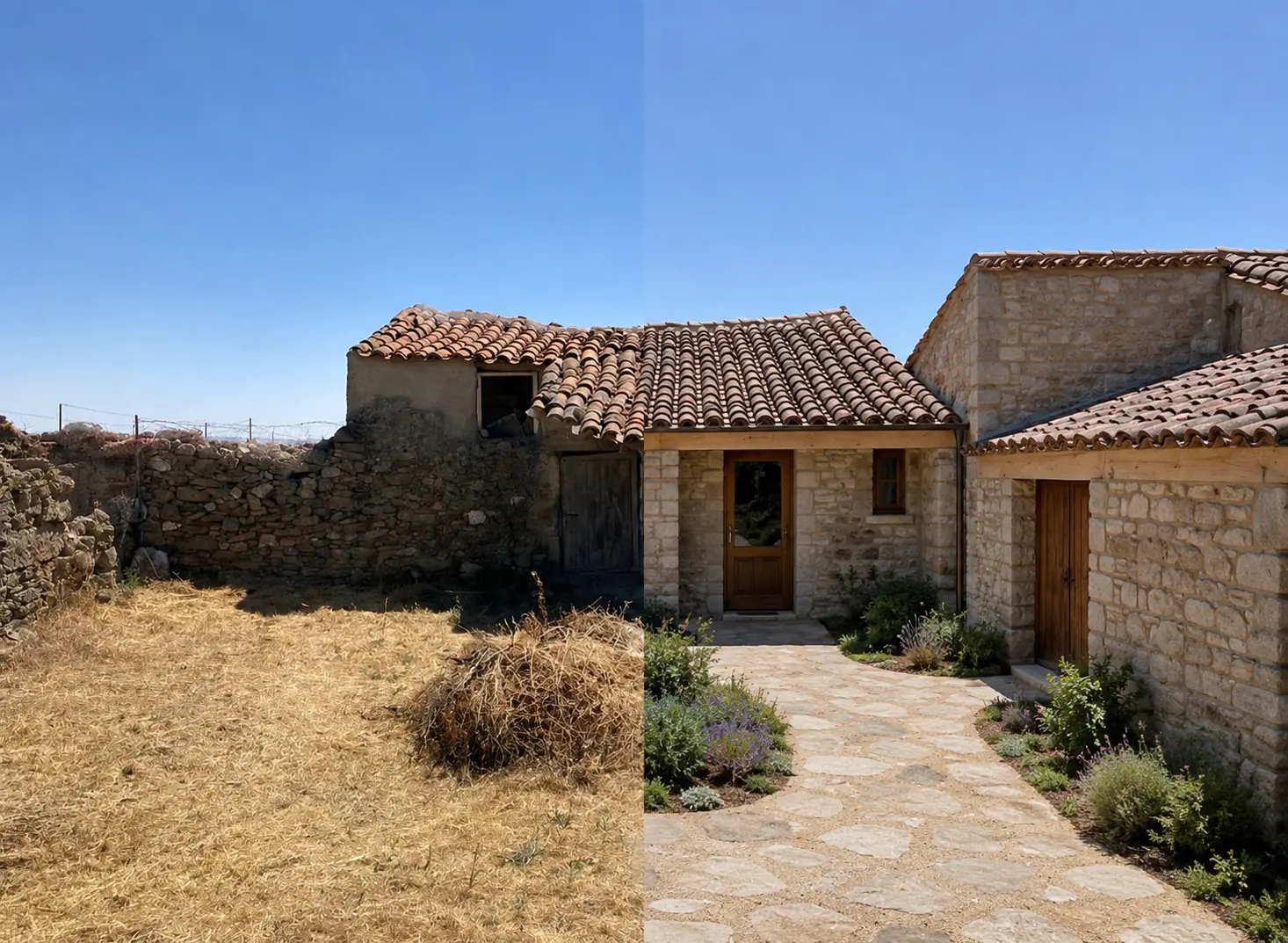 Antes y después simulado de la rehabilitación integral de una casa rural de piedra