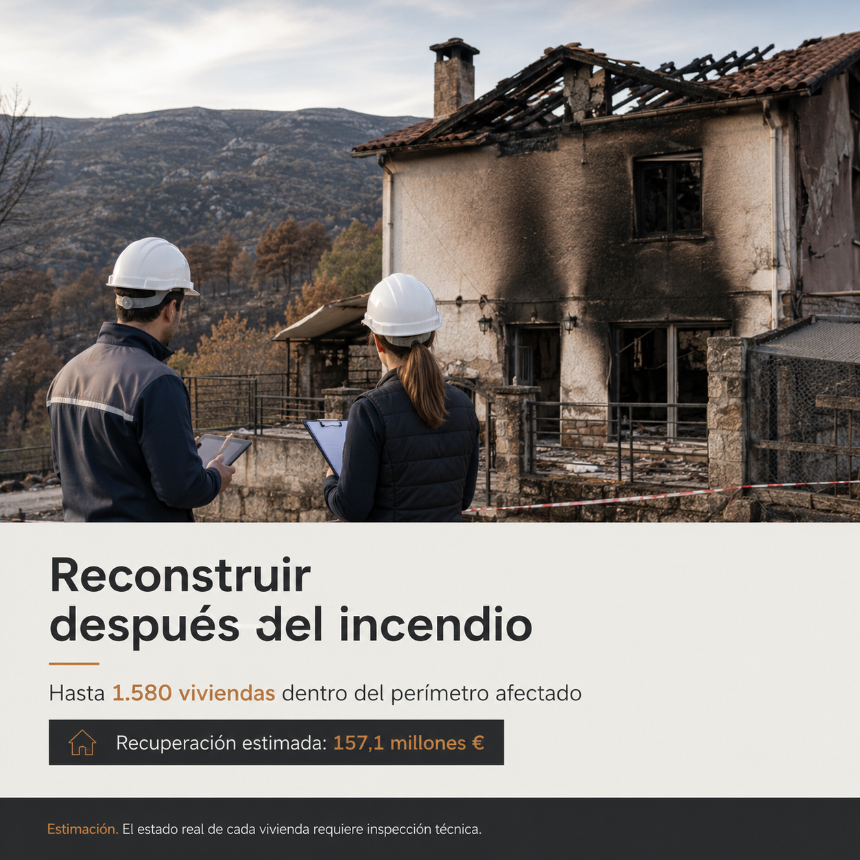 Dos técnicos inspeccionan una vivienda afectada por un incendio antes de planificar su rehabilitación